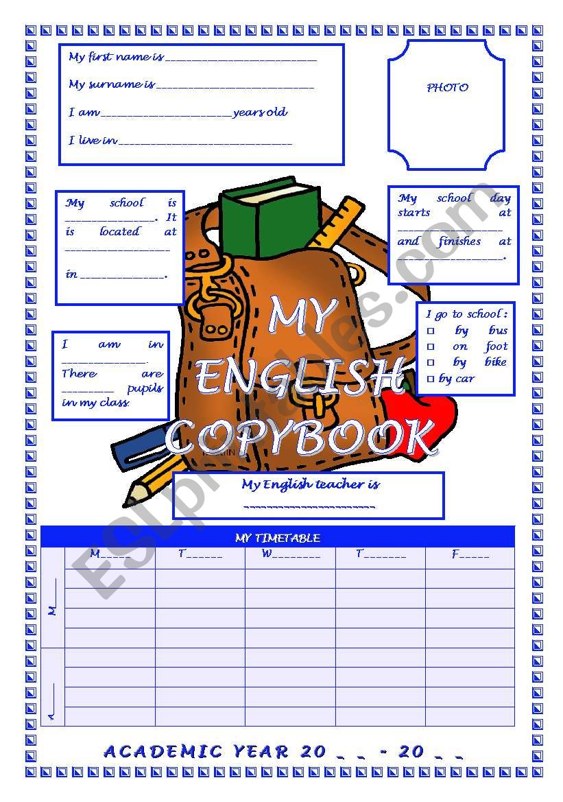 Copybook cover worksheet