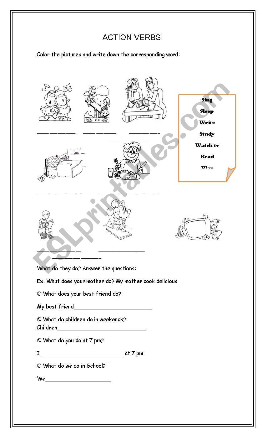 action verbs! worksheet