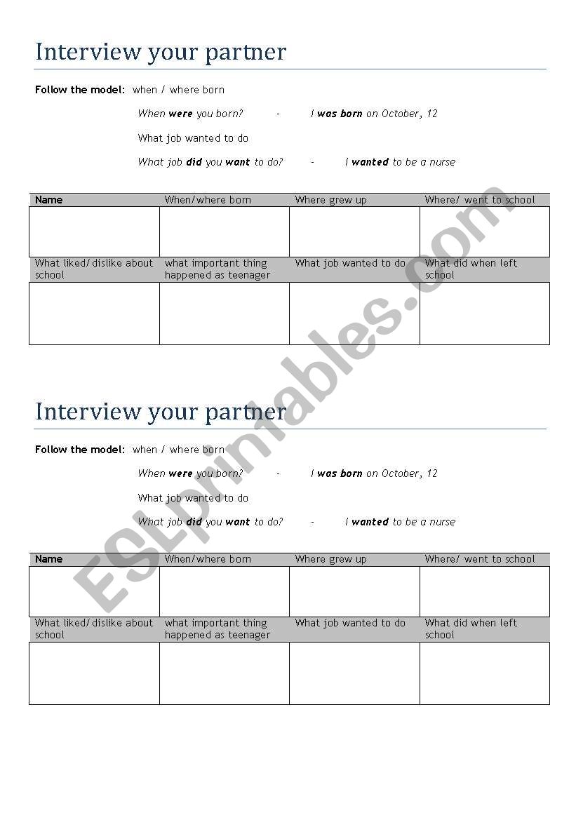 Interview your partner worksheet