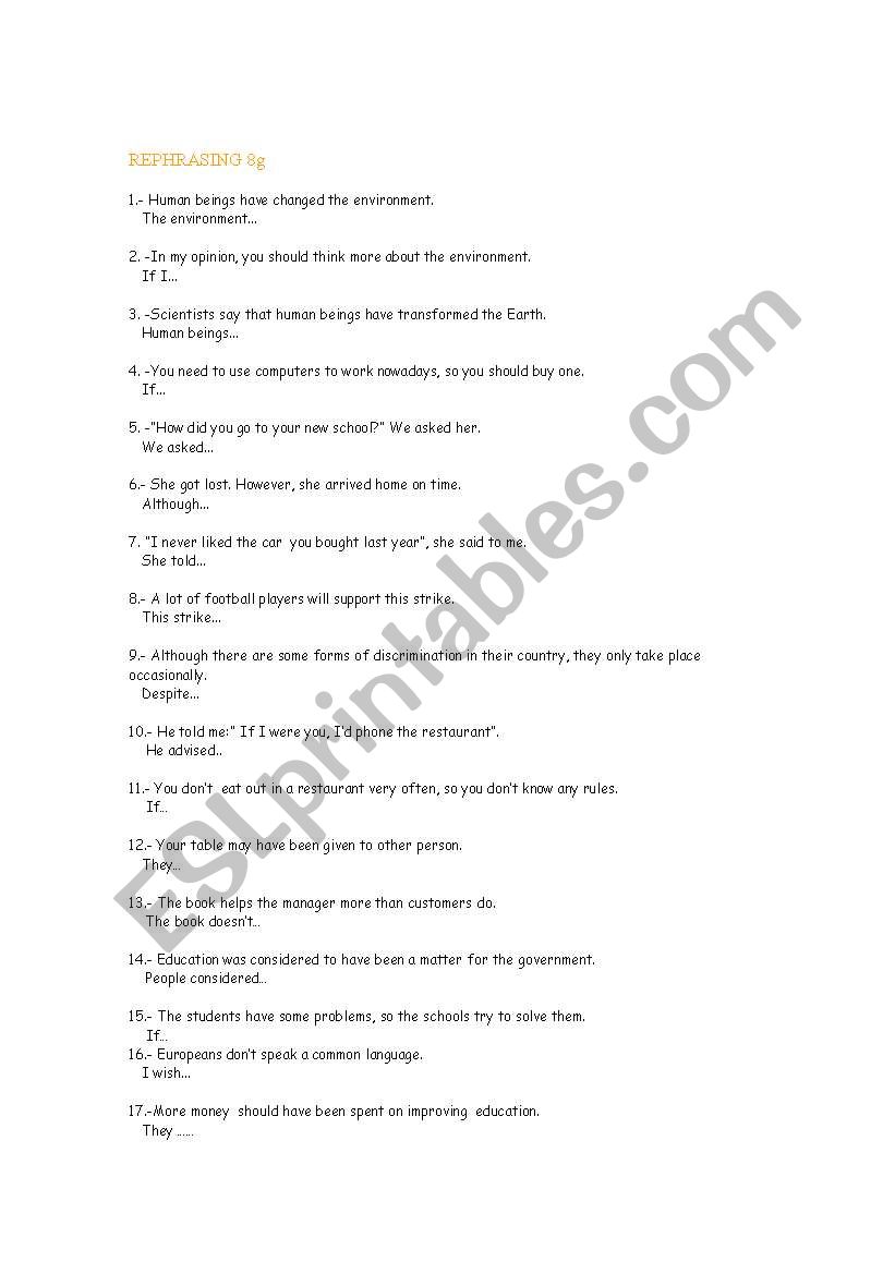 REPHRASING 8g worksheet