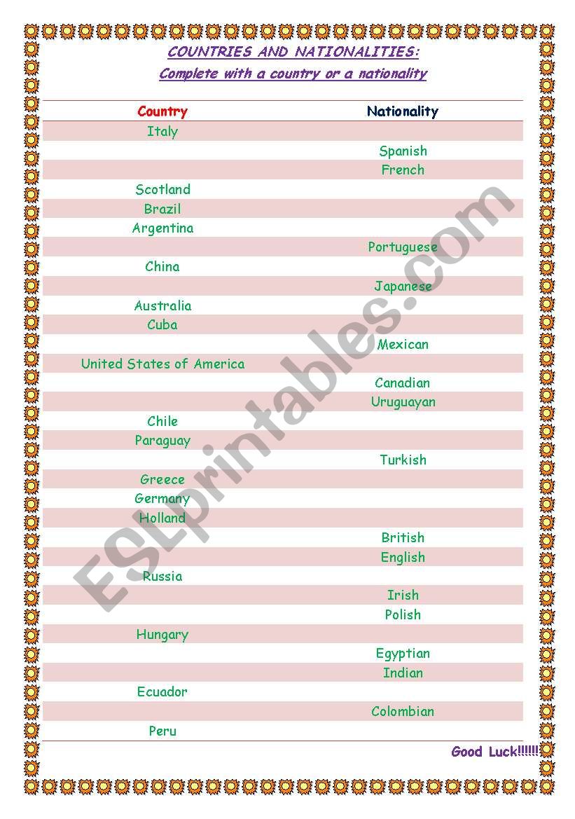 COUNTRIES AND NATIONALITIES worksheet