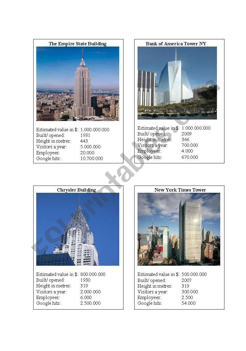 New York Sights Card Game worksheet