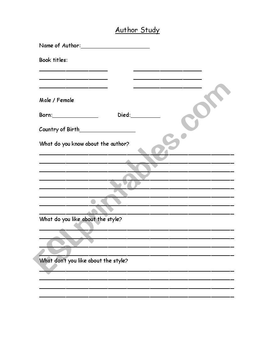 English worksheets Author Study