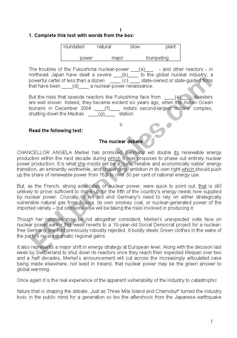 Test - The nuclear debate worksheet