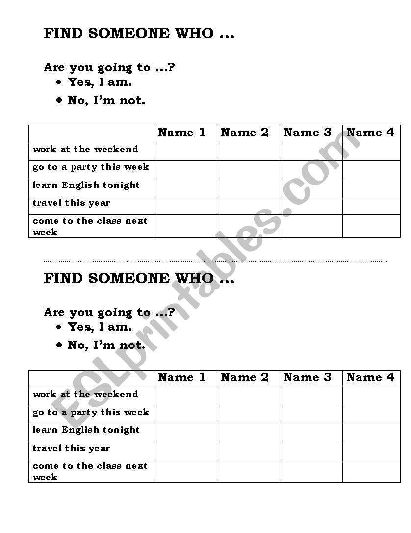 going to - find someone who worksheet