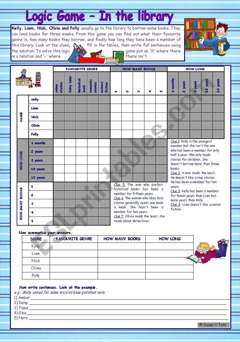 Logic game (31st) *** In the library *** upper elementary *** with key *** created with WORD 2003