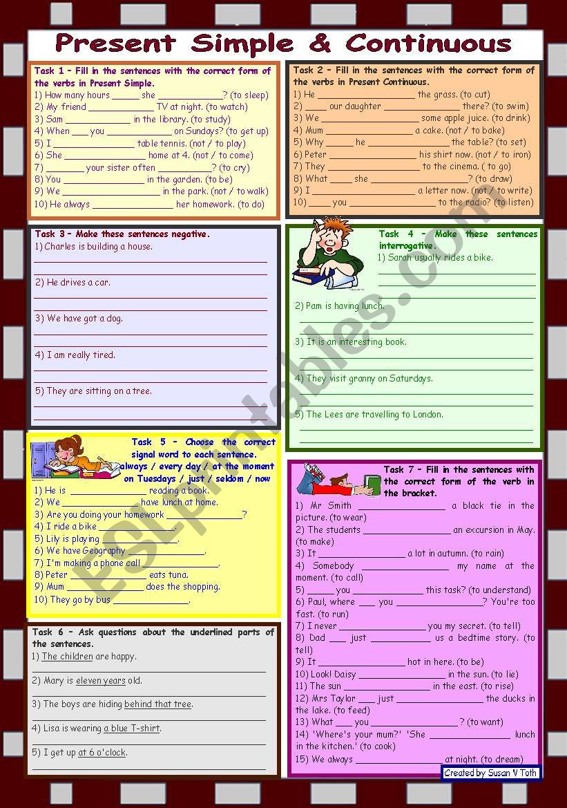 More tasks to present simple and continuous *** 7 tasks *** elementary ***  fully ediatble *** with key *** B&W