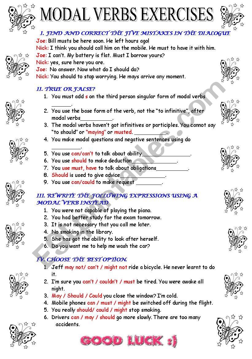 Modal Verbs Worksheet With Answers Pdf