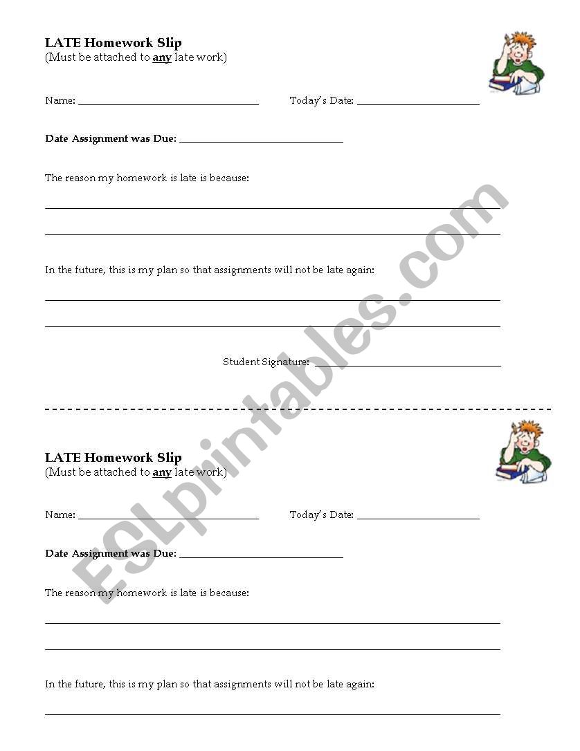 Late Homework Slip worksheet