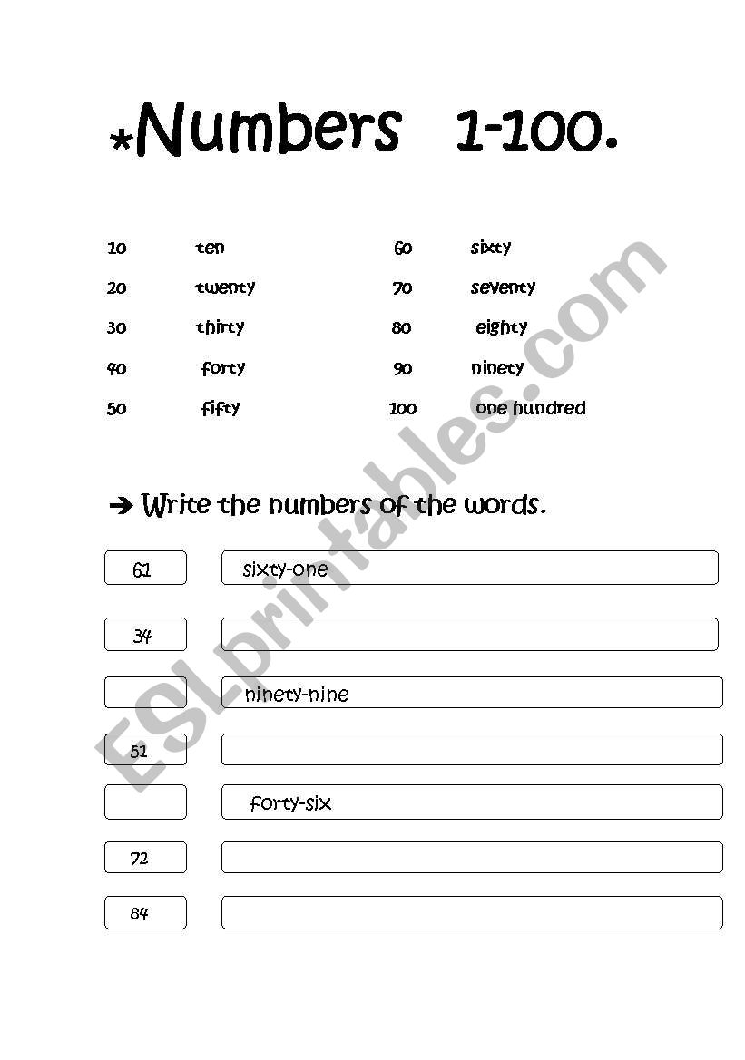 Numbers 1-100 worksheet