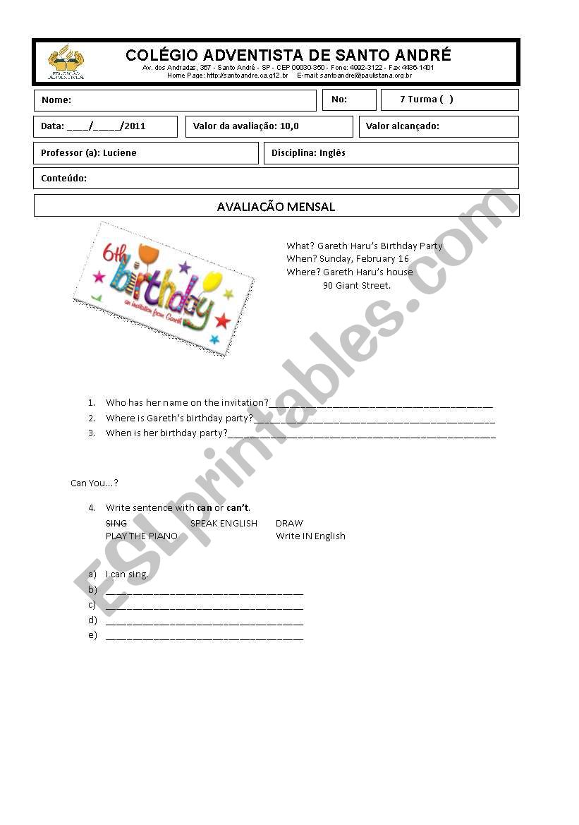 Birthday party information worksheet