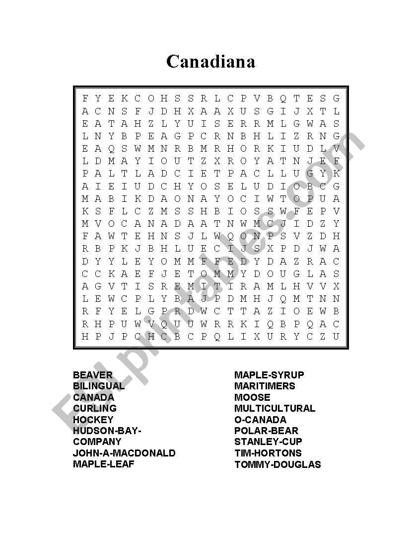 Canadiana Word Search worksheet