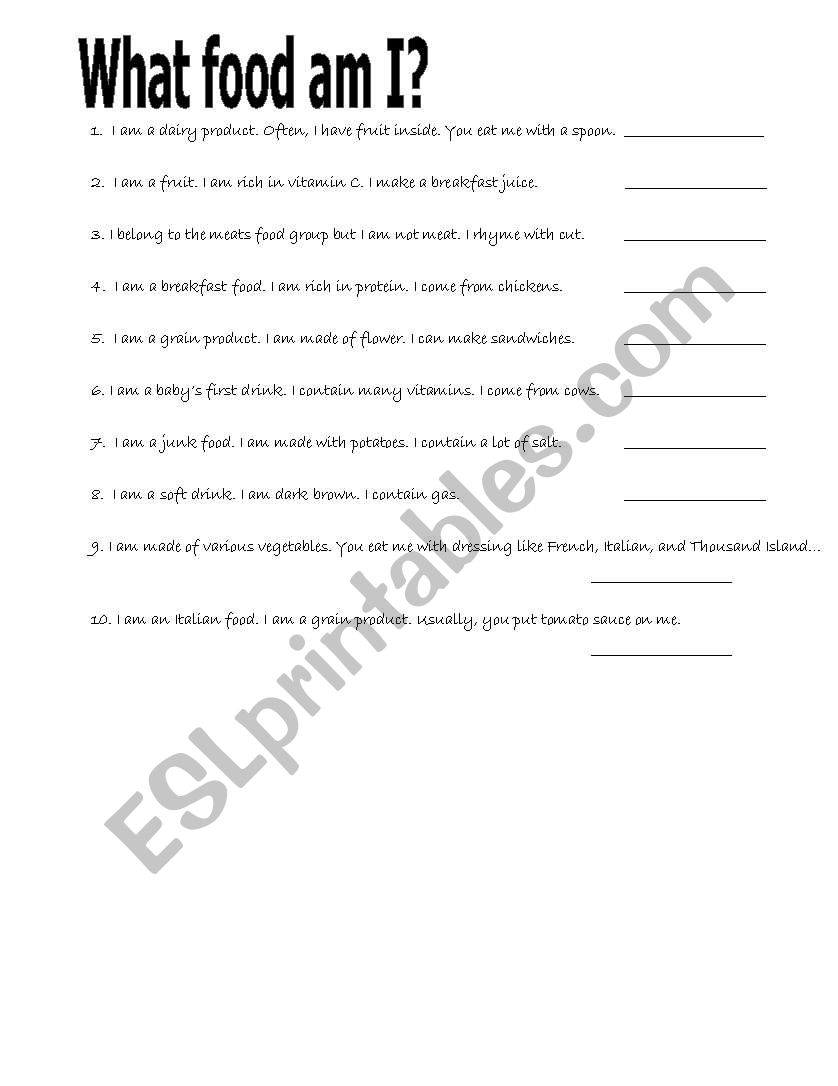 what food am I? worksheet