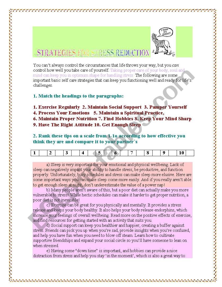 STRESS REDUCTION worksheet