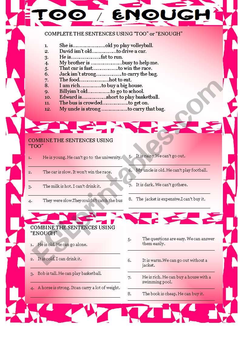 Too Adjective To Adjective Enough To ESL Worksheet By Nergisumay