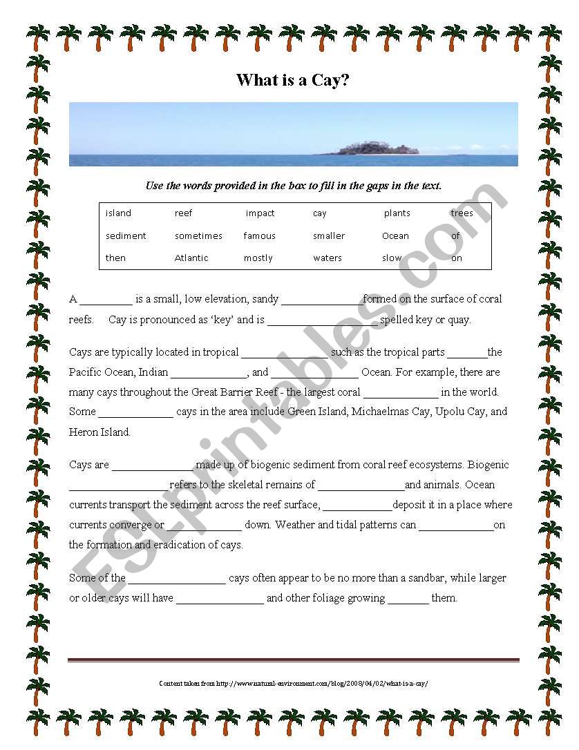 What is a Cay? Cloze activity worksheet