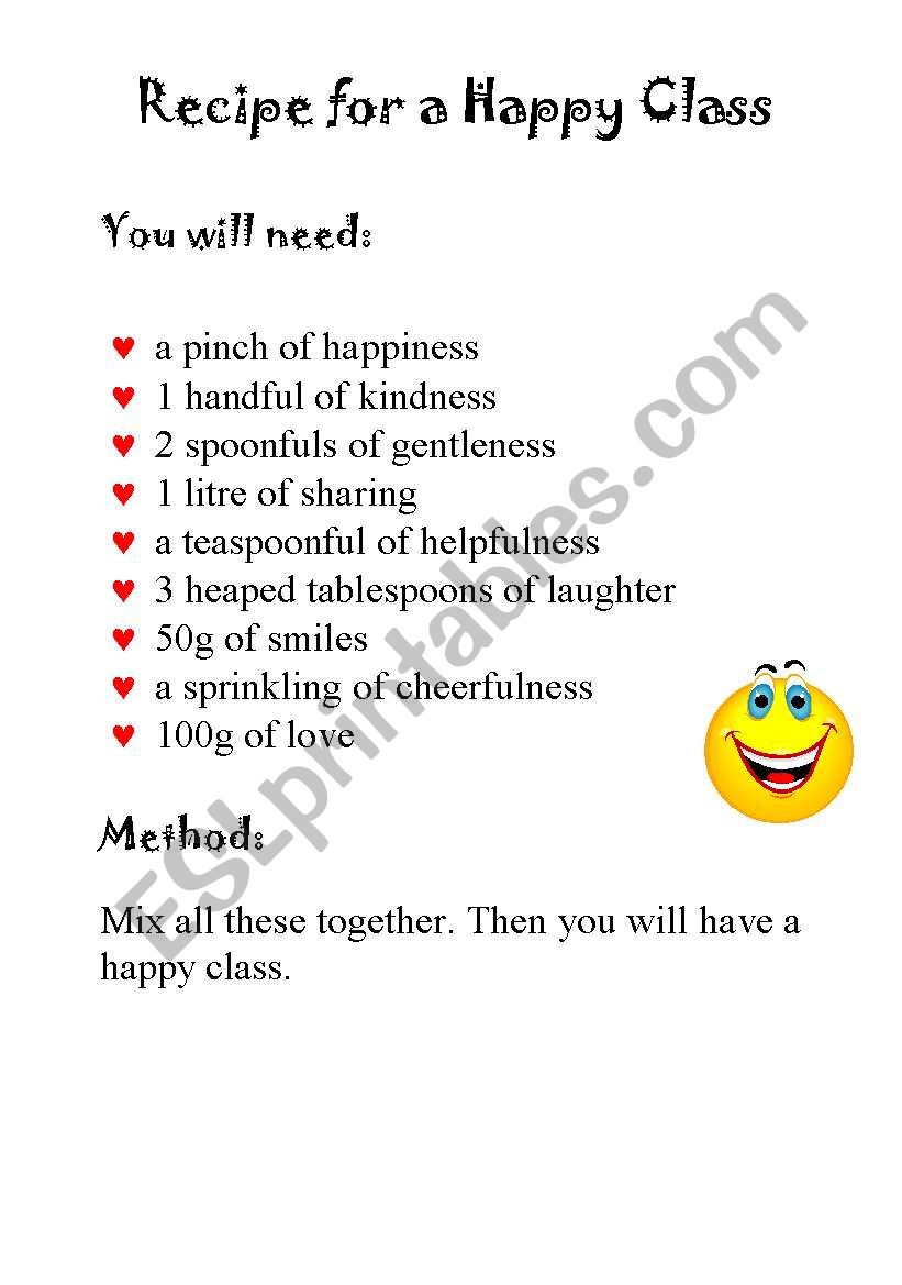 Recipe for a happy class worksheet