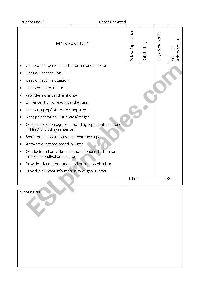 Informal Letter Task worksheet