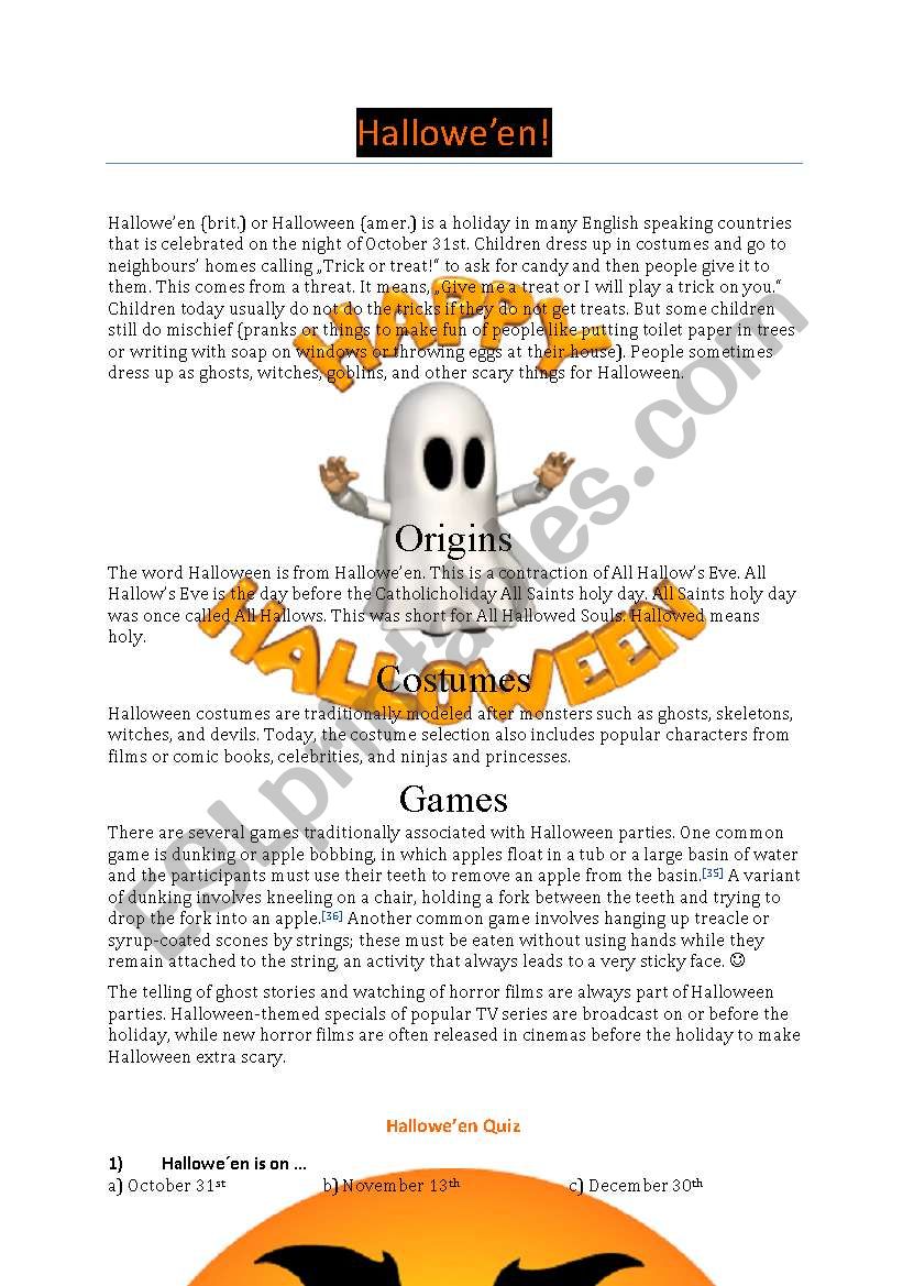 Halloween reading and quiz worksheet