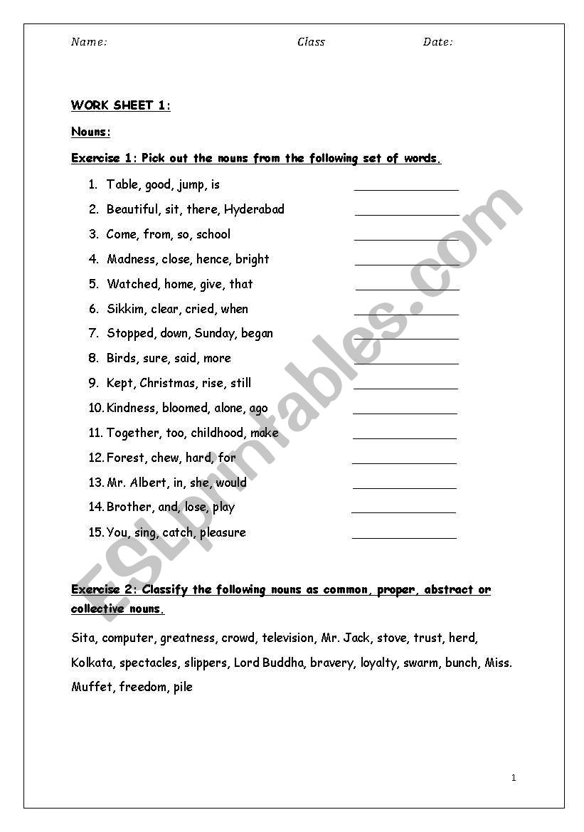 nouns worksheet