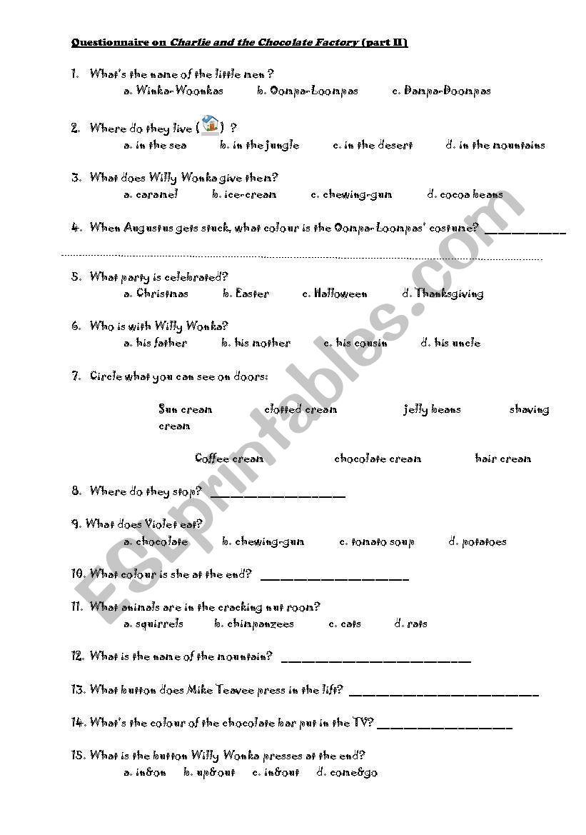 Questionnaire on Charlie and the Chocolate Factory (film)