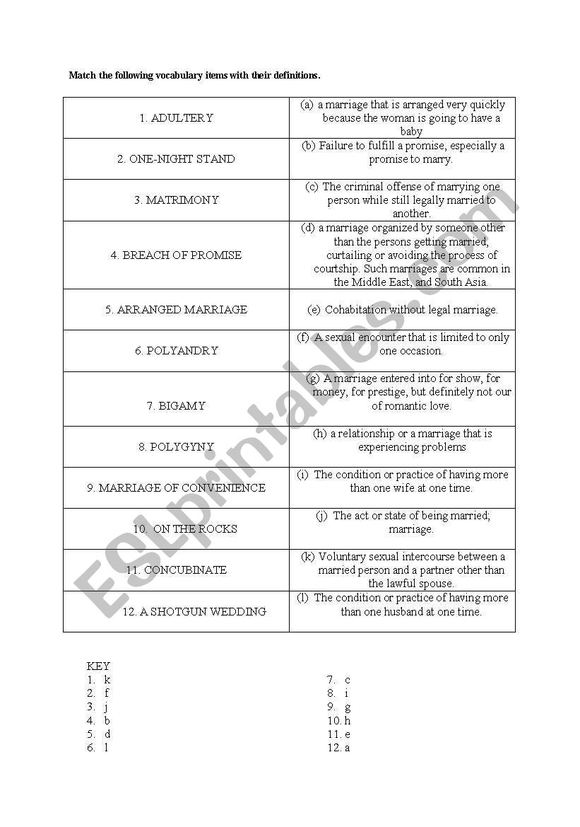 marriage - vocabulary exercise