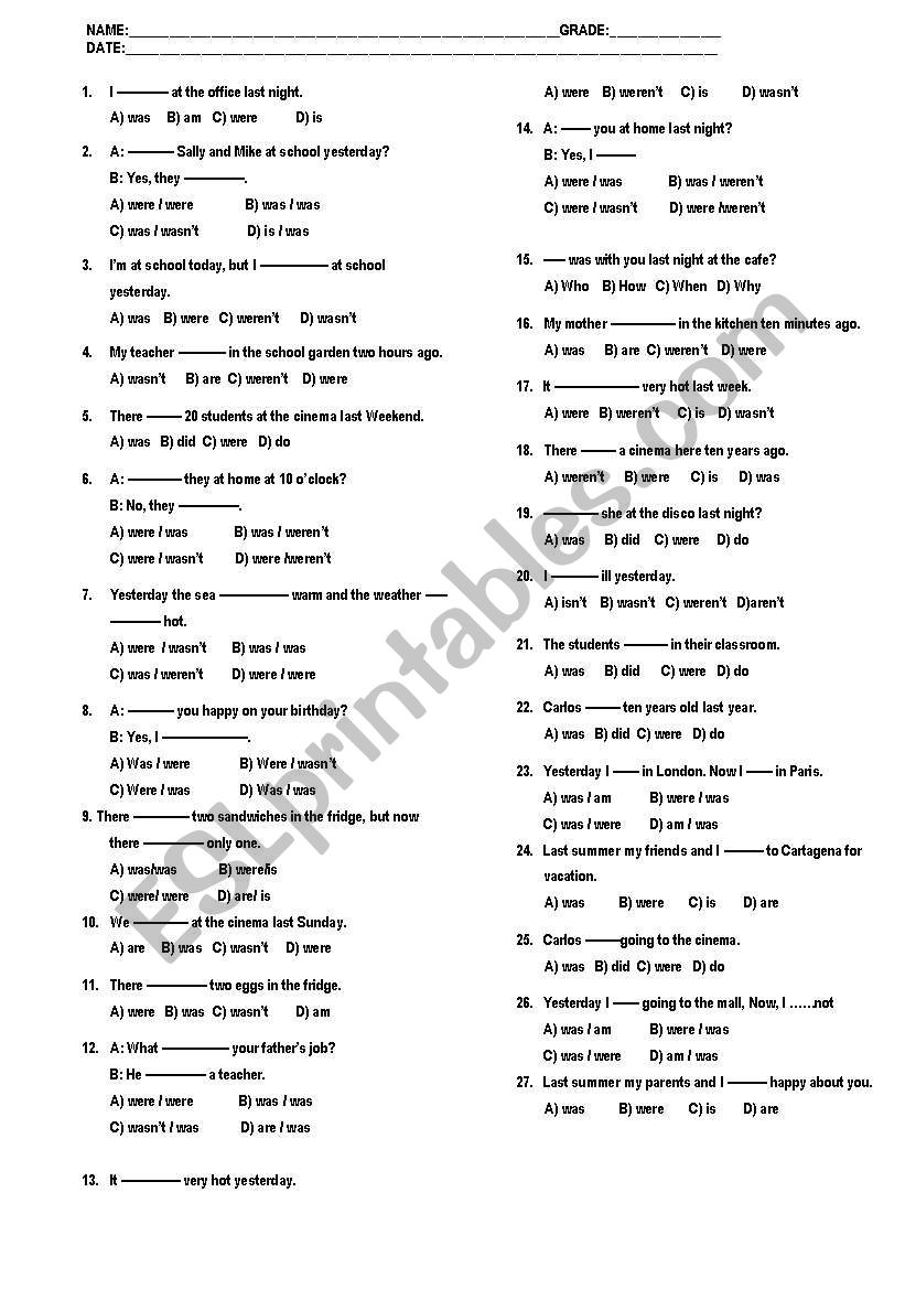 PAST PROGRESSIVE MULTIPLE CHOICE TEST