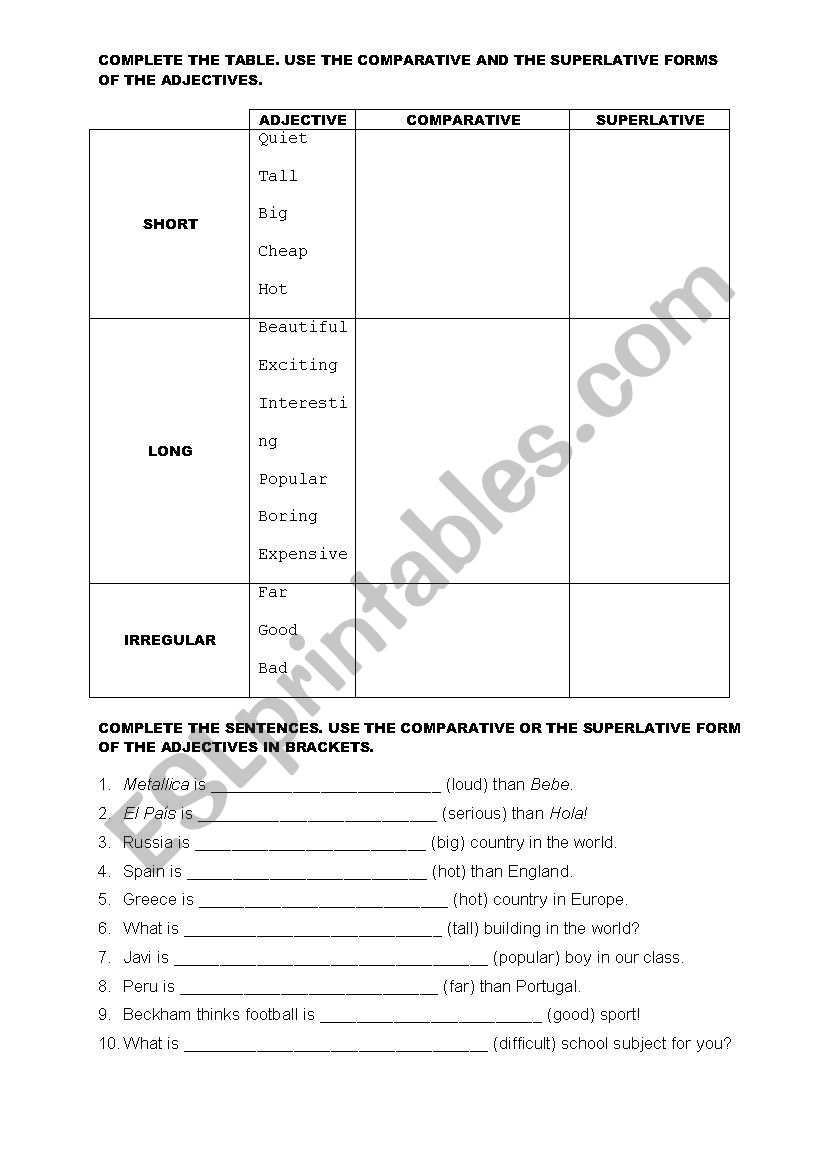 COMPARATIVES AND SUPERLATIVES worksheet