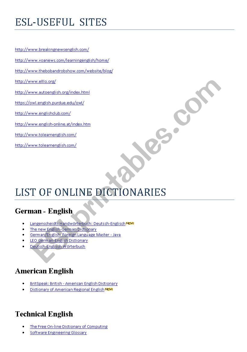 USEFUL ESL SITES worksheet