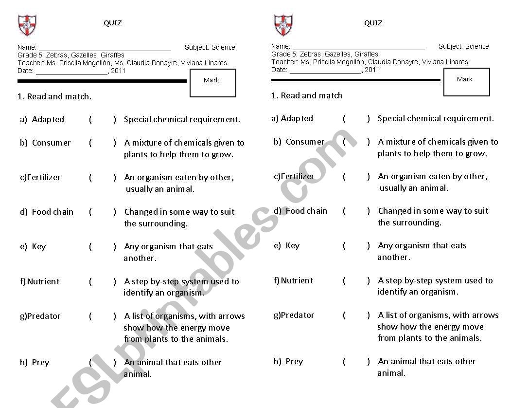 Science - Producer worksheet