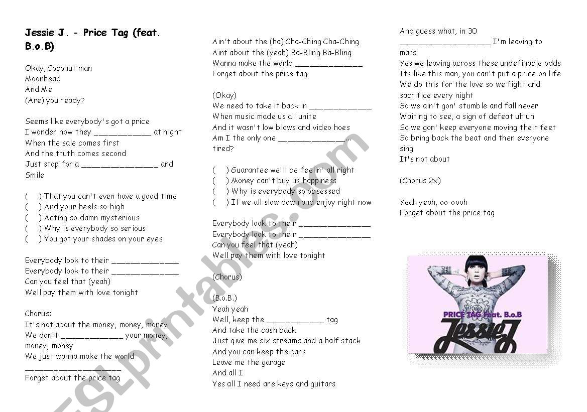 Jessie J - Price Tag activity worksheet