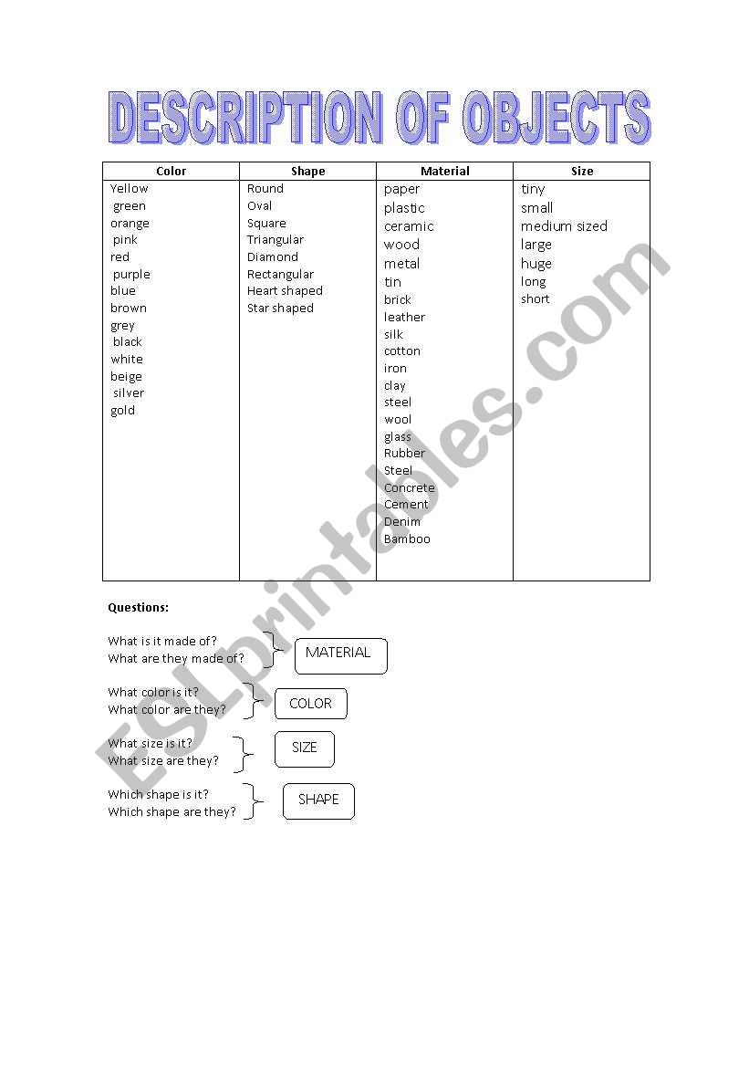 Description of objects worksheet