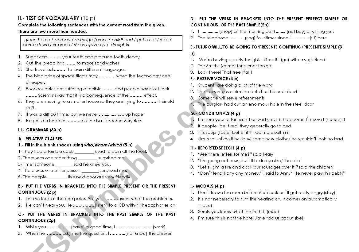 End of year test for 4 ESO worksheet