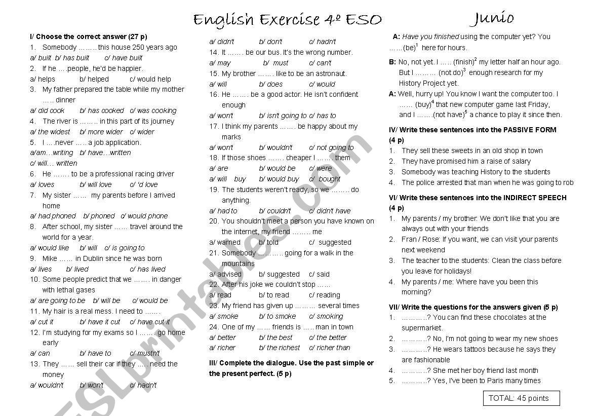 End of year test for 4 ESO (b)