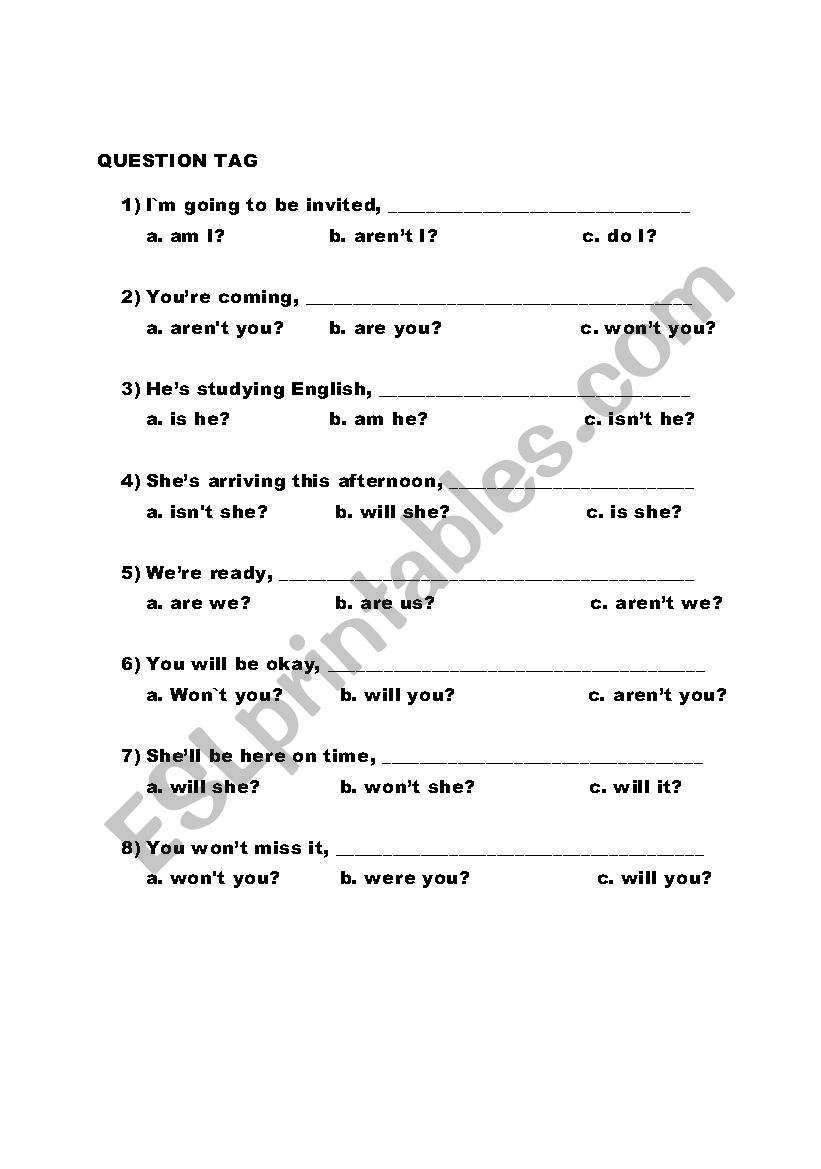 Question tag quiz worksheet