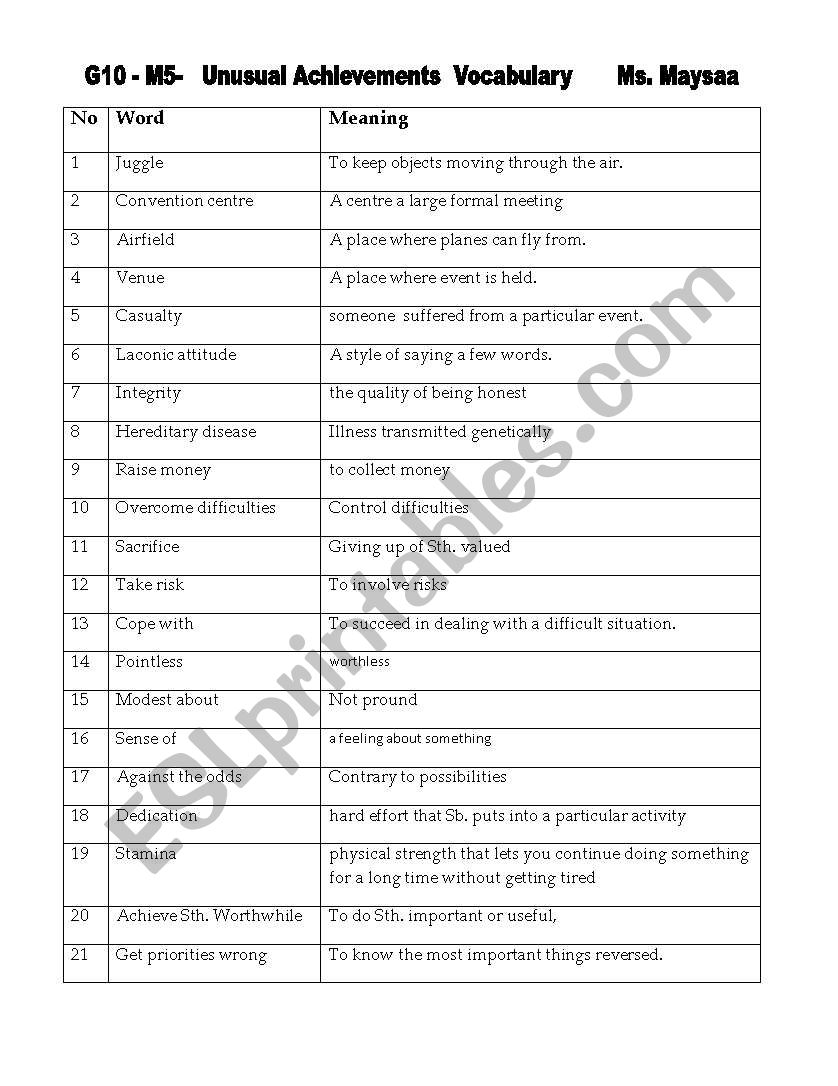 vocabulary worksheet