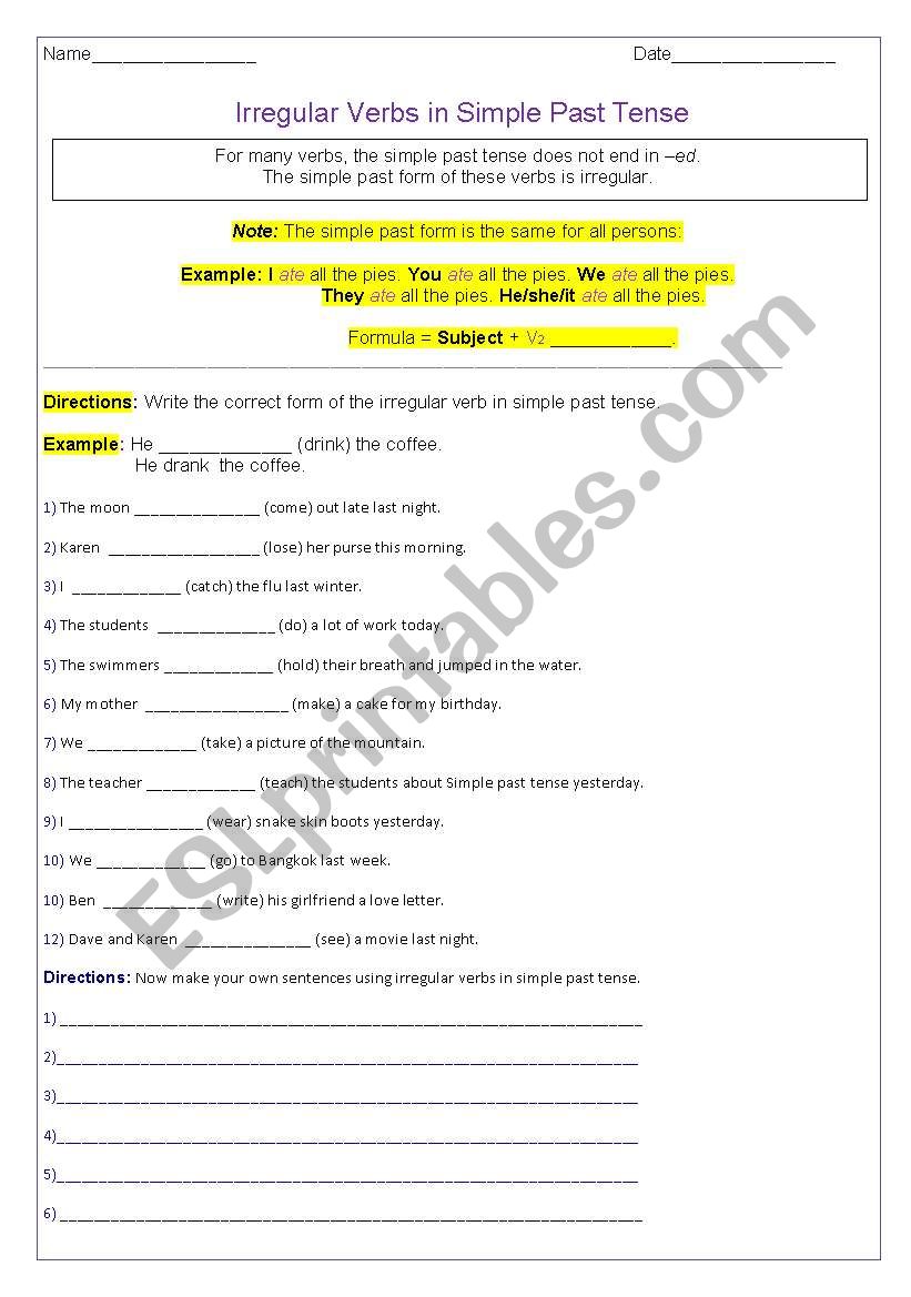 Irregular Verbs in simple past tense