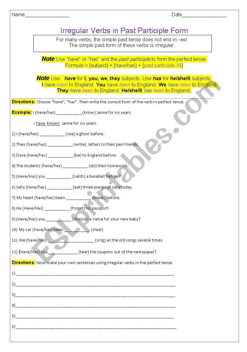 irregular verbs in past participle using have or has