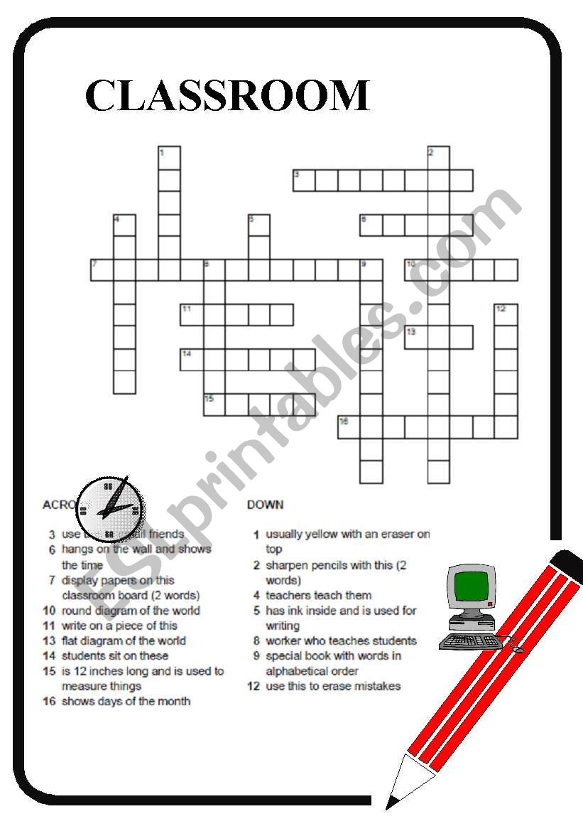 classroom objects crossword worksheet