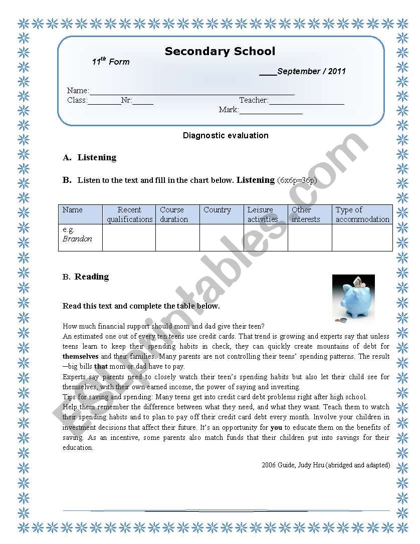 Diagnostic test worksheet