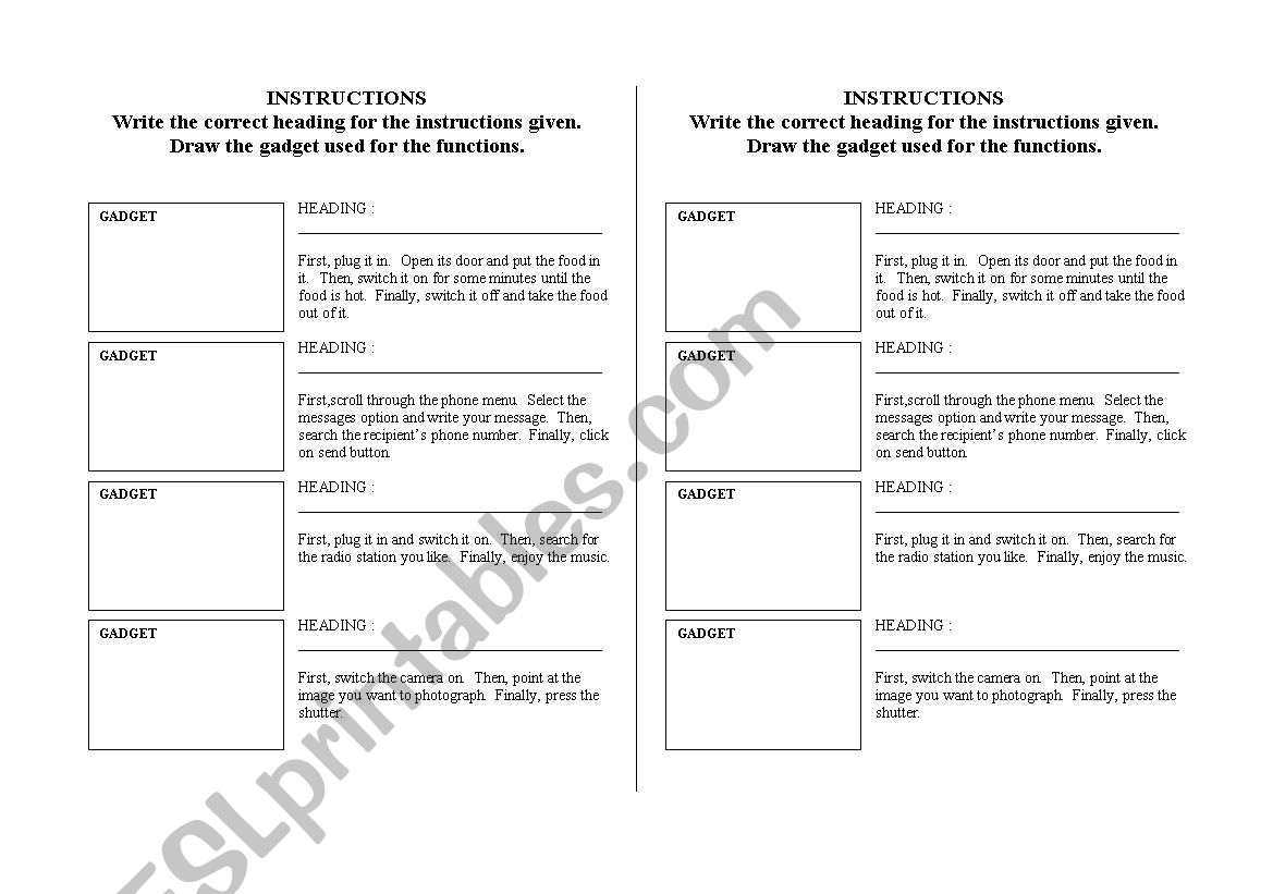 Instructions and headings worksheet