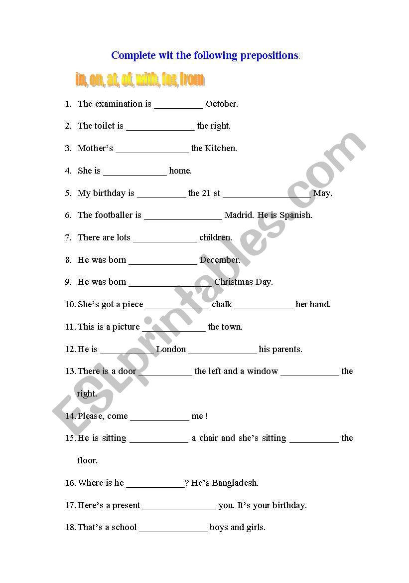 Prepositions. Key included. worksheet