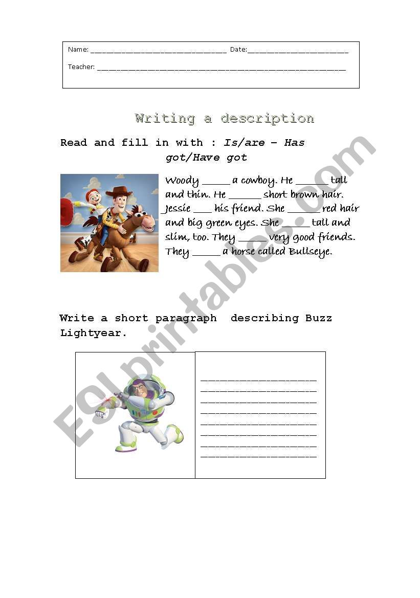 Writing a Description worksheet