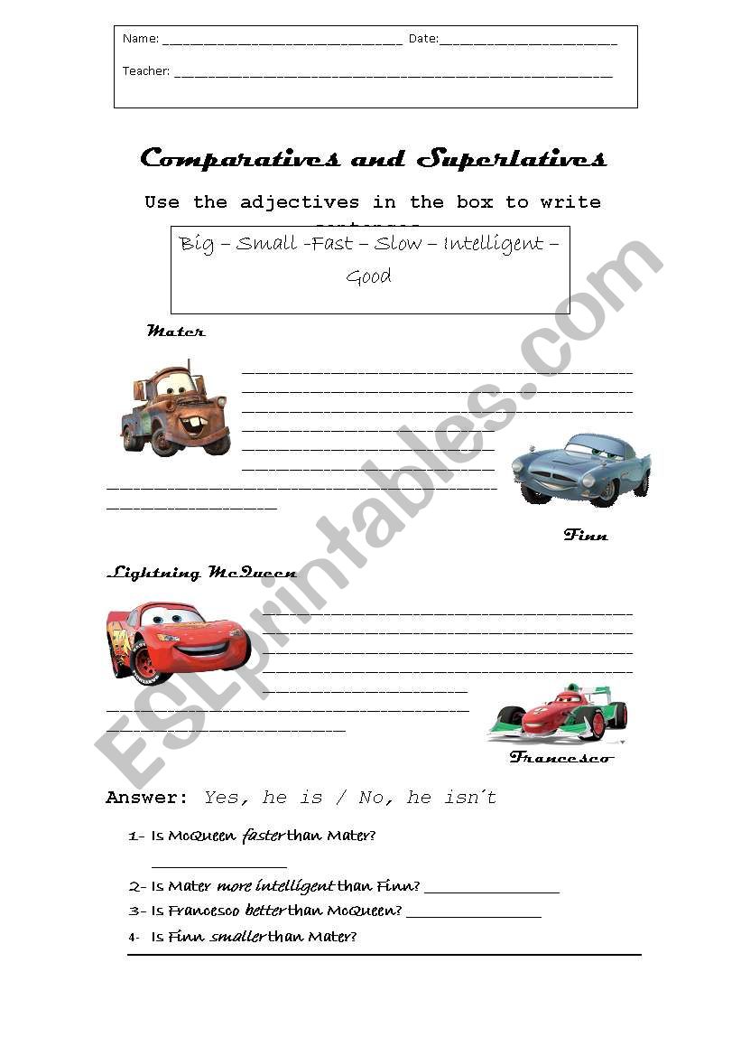 Comparing Cars worksheet