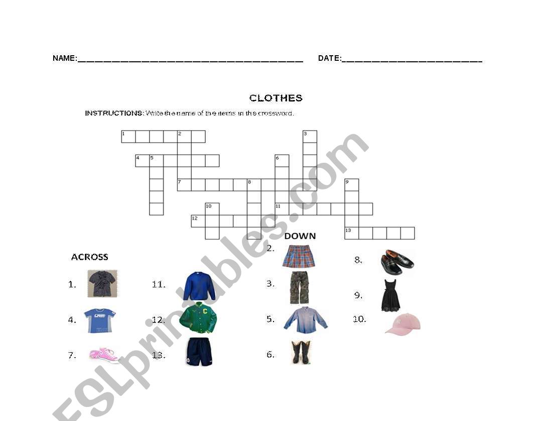 Clothig crossword worksheet