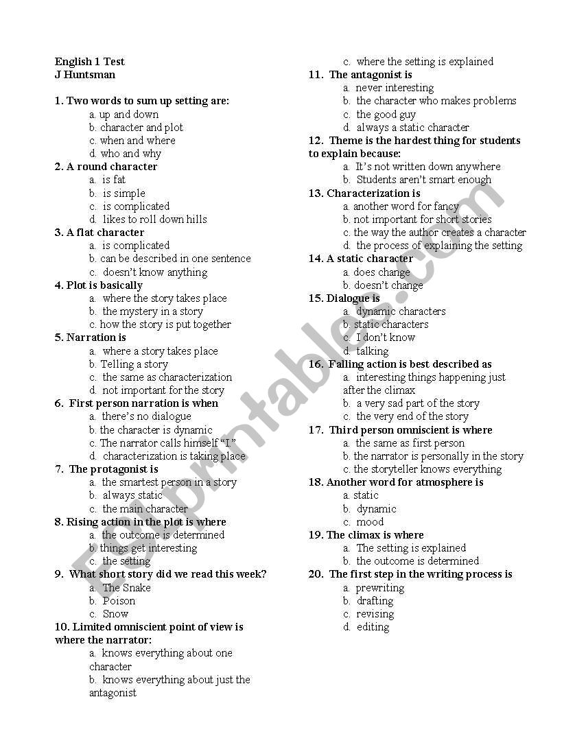 English 1 Test worksheet