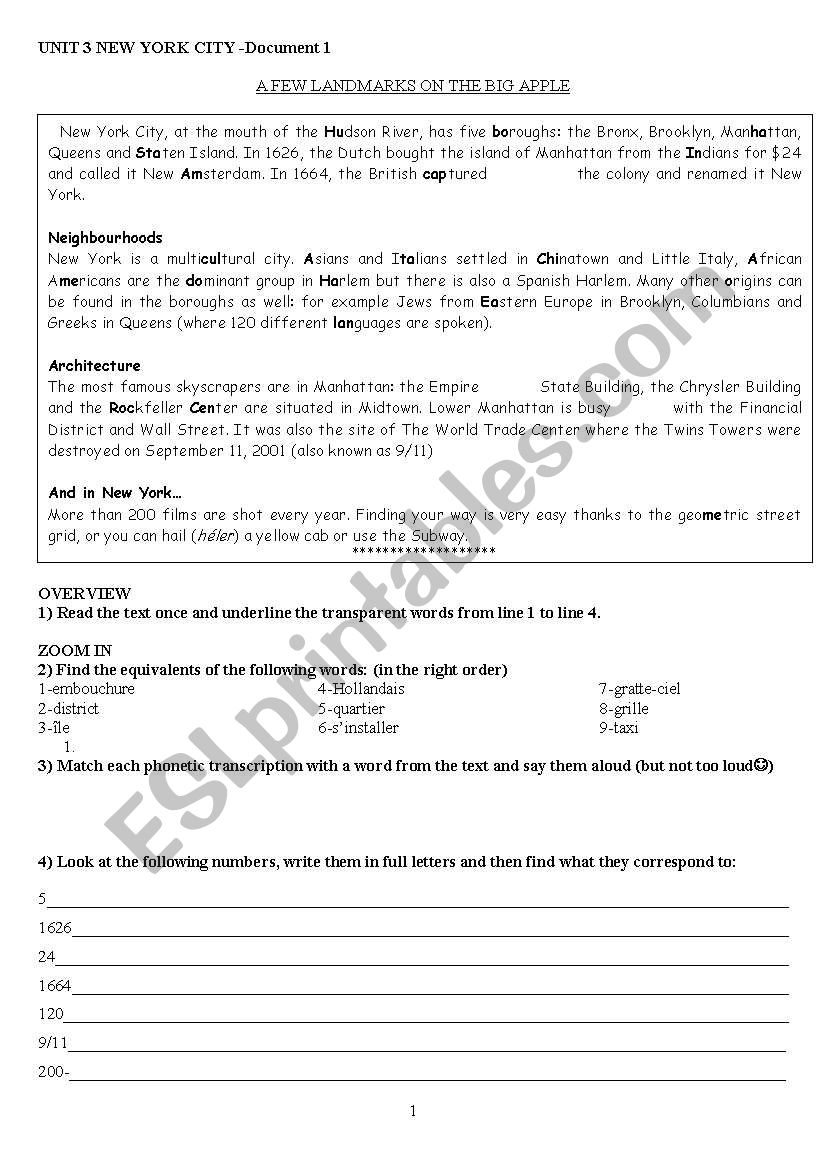 Unit 1 lesson 2 New York City worksheet