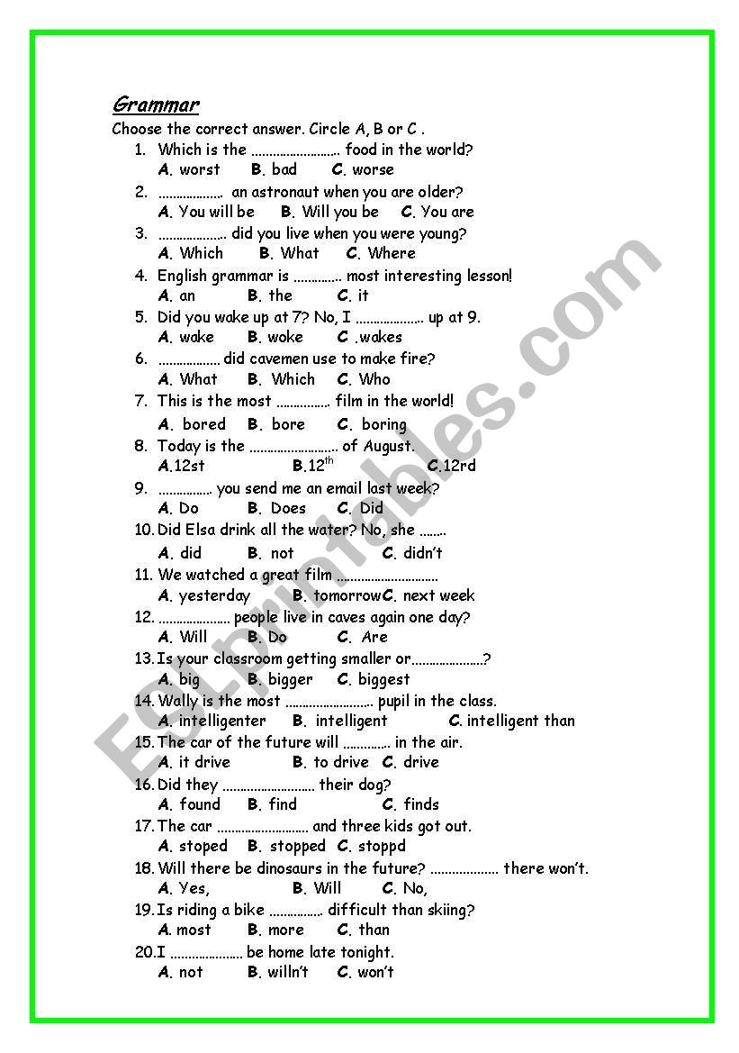 mini grammar test worksheet
