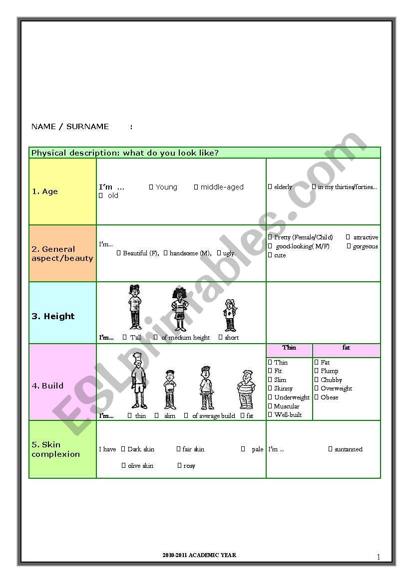 Physical Appearance worksheet