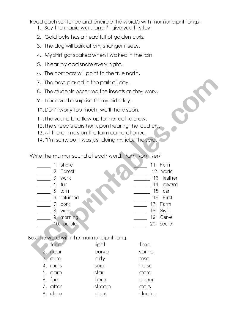 murmur diphthongs worksheet